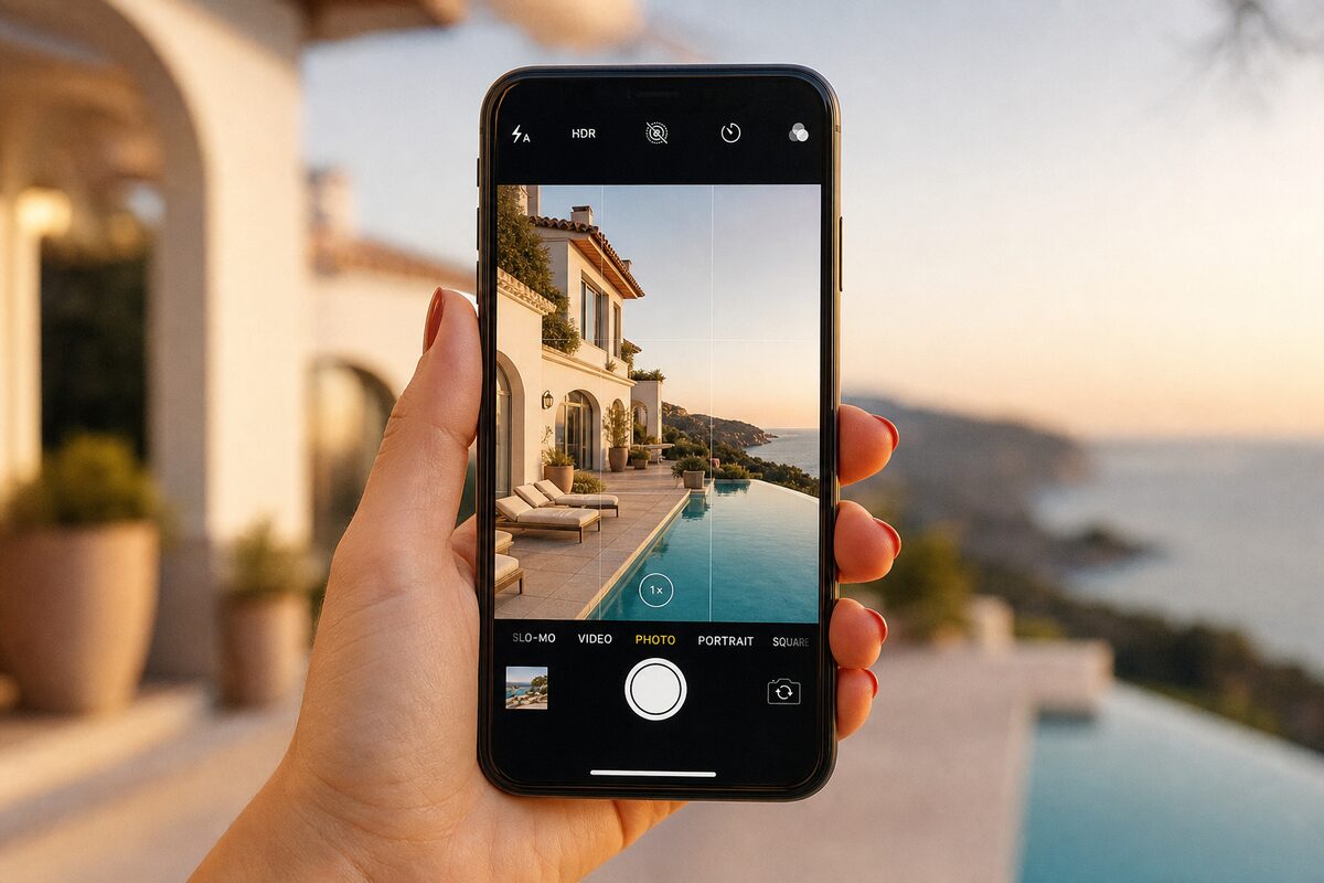 Hand holding a phone photographing a Mediterranean villa